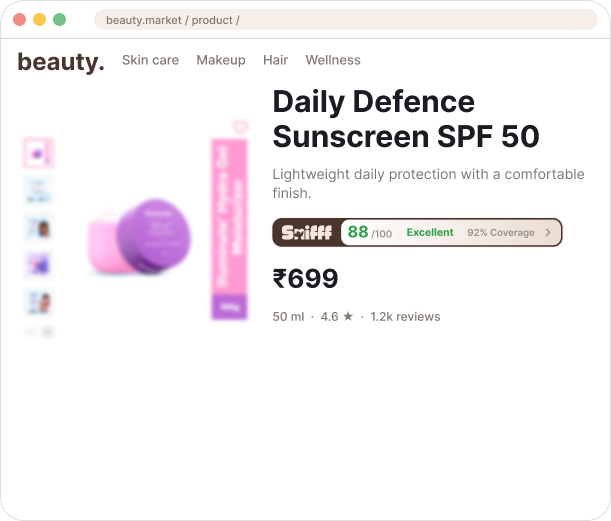 Beauty product page with a Snifff score overlay